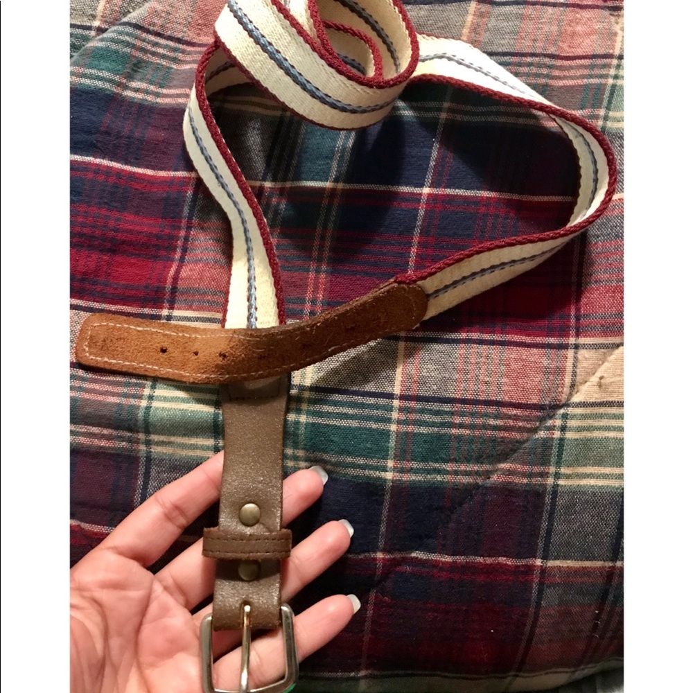 Leather , beige ,burgundy stripes belt.